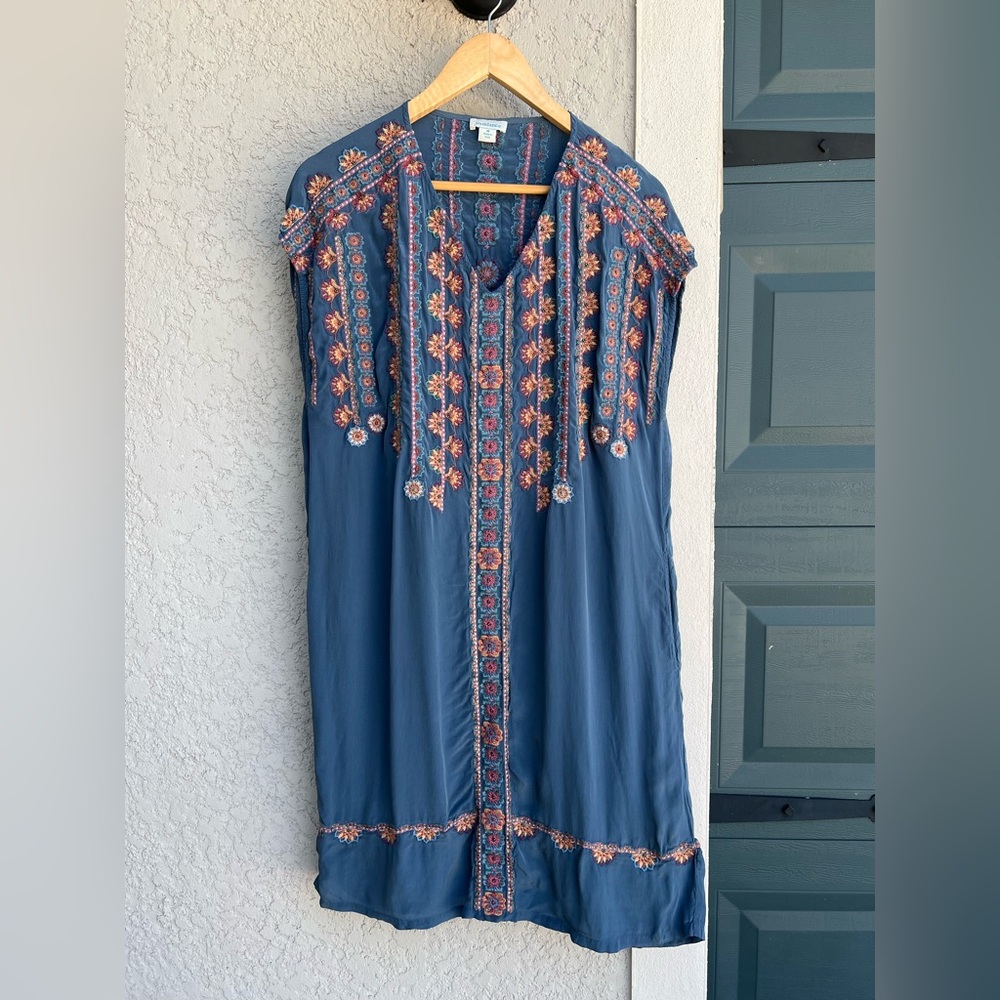 Sundance Blue Viscose Midi Dress with Pink Orange Floral Embroidery Size Medium